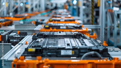 Mass production assembly line of electric vehicle battery cells close-up view