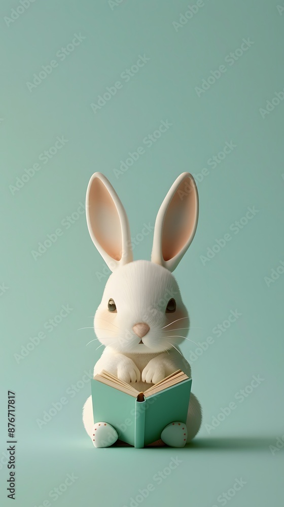 Obraz premium 3D render of Easter bunny reading a book on a pastel green background, clean background, no copyrighted logo, no letters, no peaple
