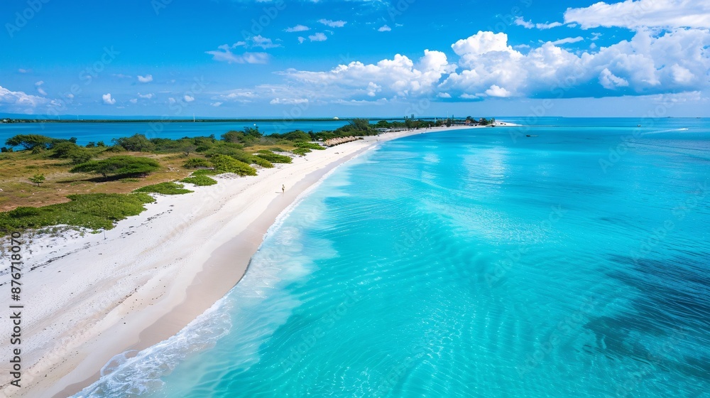 Obraz premium High-angle view of a peaceful beach, showcasing a long and wide stretch of white sand along the coastline, perfectly framed by the crystal-clear blue waters, offering a serene and rejuvenating scene