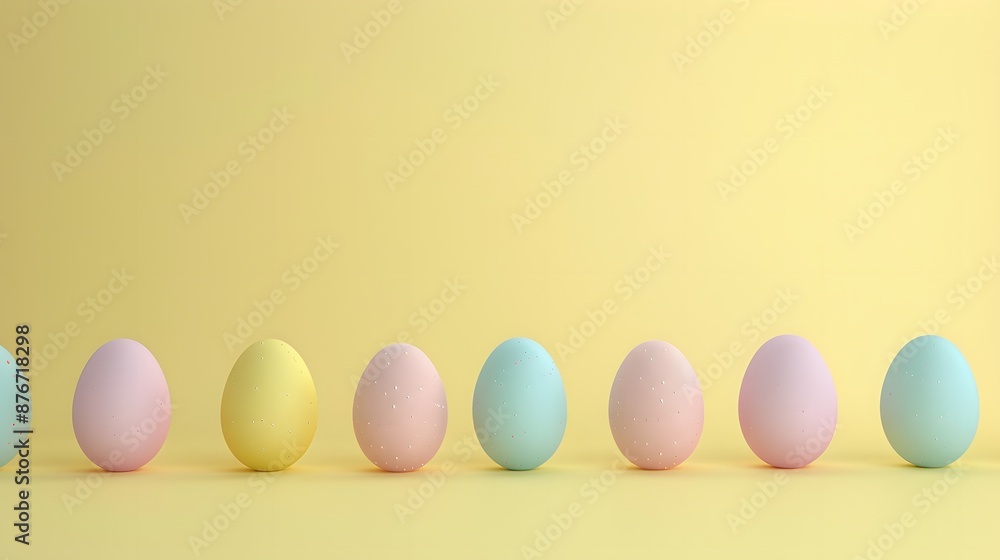 3D render of Easter eggs in a row on a pastel yellow background, clean background, no copyrighted logo, no letters, no peaple 3D render of Easter eggs in a row on a pastel yellow background, clean background, no copyrighted logo, no letters, no peaple