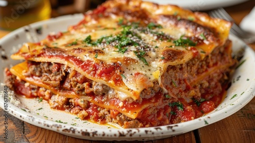 Wallpaper Mural Top view of a rich lasagna with layers of cheese, meat, and sauce Torontodigital.ca