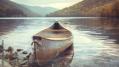 aluminum canoe on a mountain lake seamless looping overlay 4k virtual video animation background photo