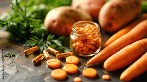 Detailed Shot of Vitamin A Supplements with Carrots and Sweet Potatoes, Healthy Eating Advertisement photo