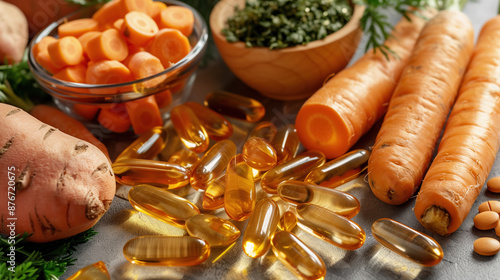 Macro View of Vitamin A Pills with Carrots and Sweet Potatoes, Nutritious Food Background photo