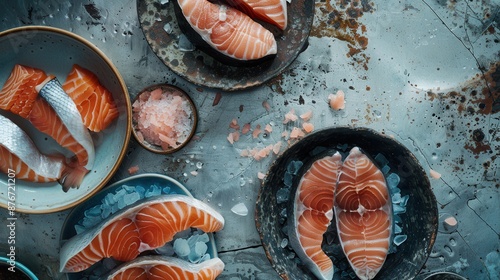 A top-down view of meticulously arranged raw fish mineralization equipment on a table, pastel colors, laid out in a circular pattern, on a rustic metal surface photo