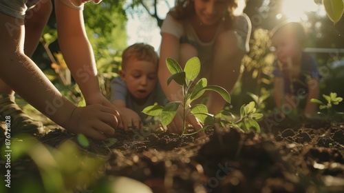 A close-up view of a family enjoying planting trees in their backyard, children eagerly placing plants in the soil, parents smiling and guiding them, the sunlight casting a warm gl photo