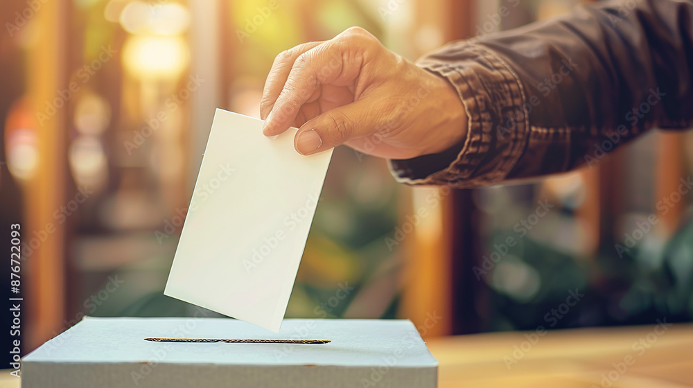 A person's hand casting their ballot into the brown box A person's hand casting their ballot into the brown box