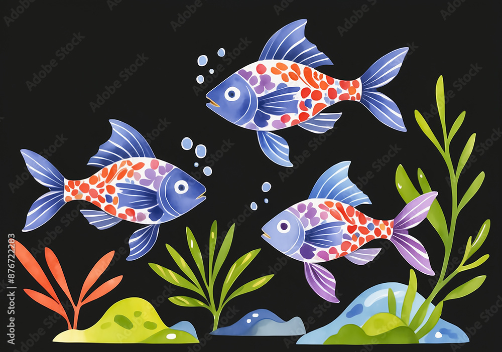 Three colorful fish swimming near seaweed and rocks on a black background. Digital watercolor illustration. Underwater and marine life concept for design and print Three colorful fish swimming near seaweed and rocks on a black background. Digital watercolor illustration. Underwater and marine life concept for design and print