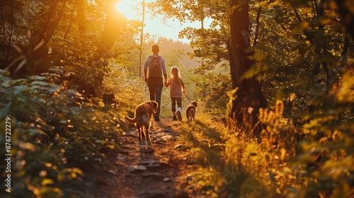 A close-up view of a family walking their dog in a park at sunset, children laughing and running with the dog, parents smiling and holding hands, the sky transitioning from day to 