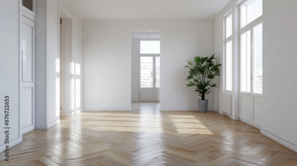 Fototapeta premium White walls, bright windows, wooden floors, empty modern interior, contemporary apartment, sunlit spaces, loft style, clean architecture, parquet