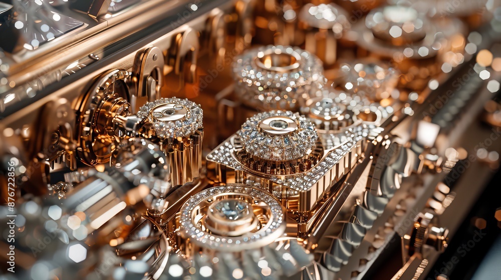 Intricate machine adorned with precious gemstones, showcasing advanced technology in a luxurious, high-tech setting, glistening components Intricate machine adorned with precious gemstones, showcasing advanced technology in a luxurious, high-tech setting, glistening components
