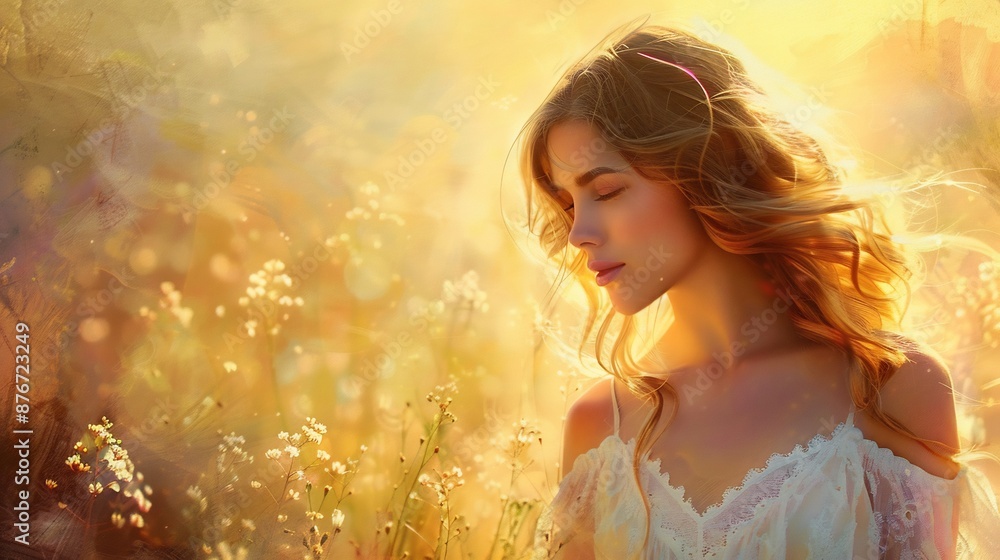 Portrait of a beautiful girl in a white dress in the middle of a meadow with a beautiful panorama Portrait of a beautiful girl in a white dress in the middle of a meadow with a beautiful panorama