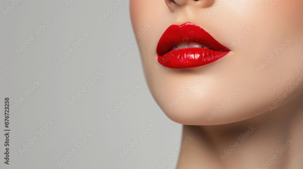 Beauty closeup of fashionable woman with red lipstick, perfect skin, young model, glamour makeup, Caucasian, detailed cosmetics, high-resolution image Beauty closeup of fashionable woman with red lipstick, perfect skin, young model, glamour makeup, Caucasian, detailed cosmetics, high-resolution image