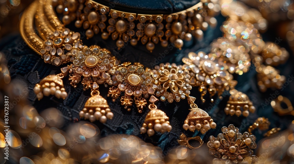 Luxurious golden jewelry set, intricate designs with shiny metallic finish, elegantly displayed on a rich velvet background Luxurious golden jewelry set, intricate designs with shiny metallic finish, elegantly displayed on a rich velvet background