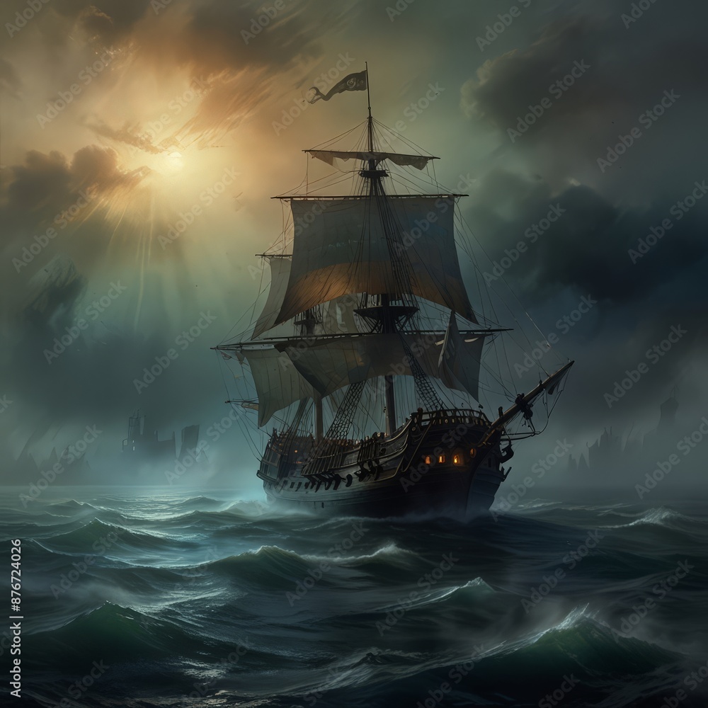 Fototapeta premium a ship in the ocean with the sun setting behind it.