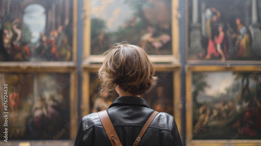 Fototapeta premium Woman in leather jacket viewing art