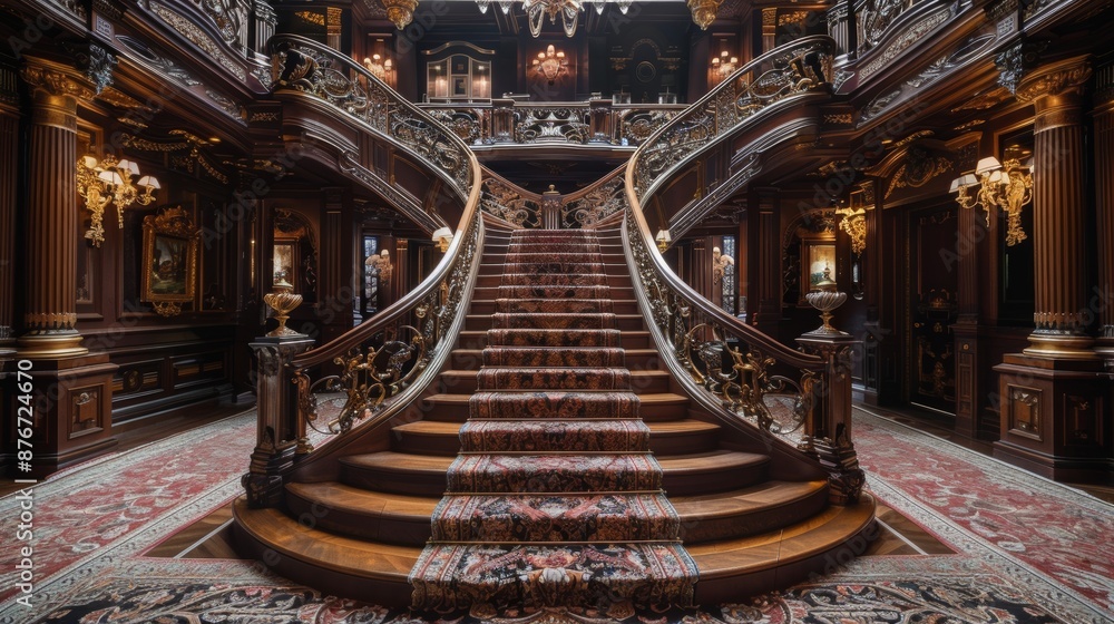 Fototapeta premium Ornate brass detailing on a grand staircase, luxurious carpets, and intricate railings, set in an opulent mansion interior