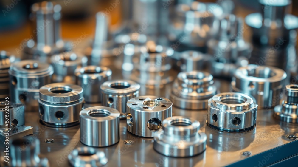 Precision-engineered steel parts, showcasing the shiny, reflective nature of the alloy, with a focus on meticulous accuracy and craftsmanship Precision-engineered steel parts, showcasing the shiny, reflective nature of the alloy, with a focus on meticulous accuracy and craftsmanship