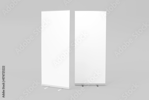 Blank white roll-up mockup display, 3d rendering photo