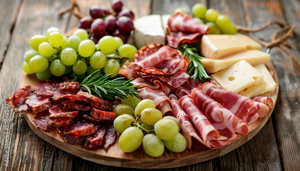 Antipasto catering platter with bacon jerky salami cheese and grapes on a wooden background Antipasto catering platter with bacon jerky salami cheese and grapes on a wooden background