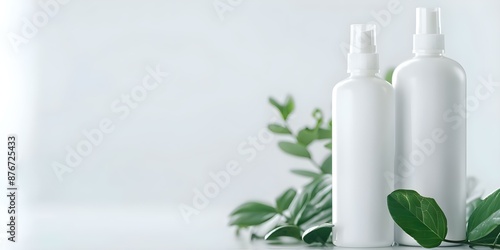 Mockup of natural beauty products featuring white bottles, green leaves, and a soft focus. Concept Natural Products, White Bottles, Green Leaves, Soft Focus, Mockup © Anastasiia