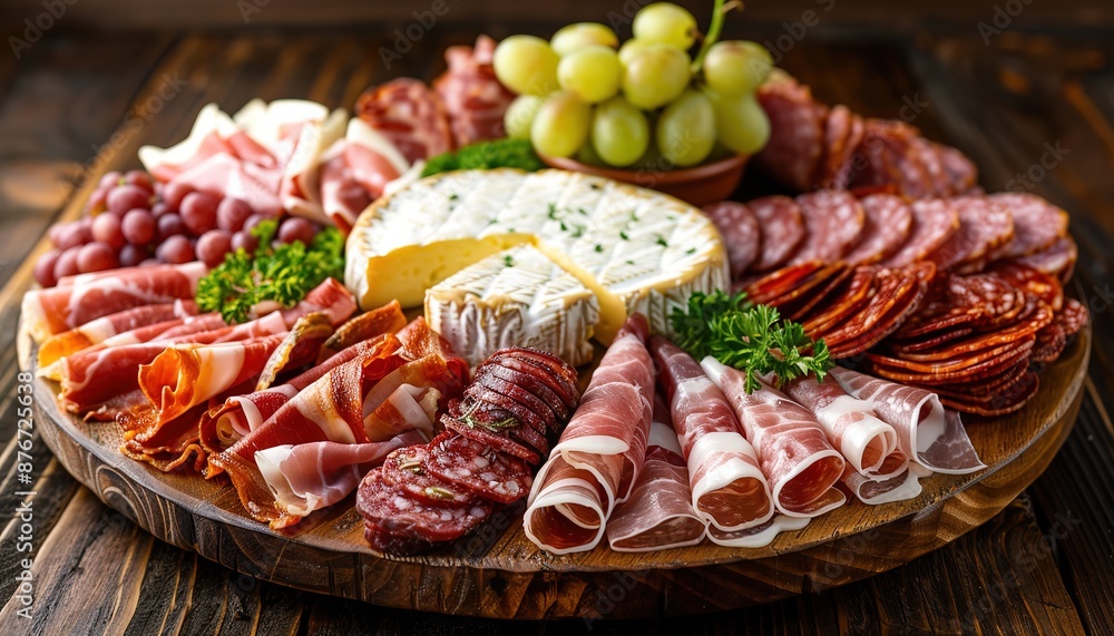 Antipasto catering platter with bacon jerky salami cheese and grapes on a wooden background Antipasto catering platter with bacon jerky salami cheese and grapes on a wooden background