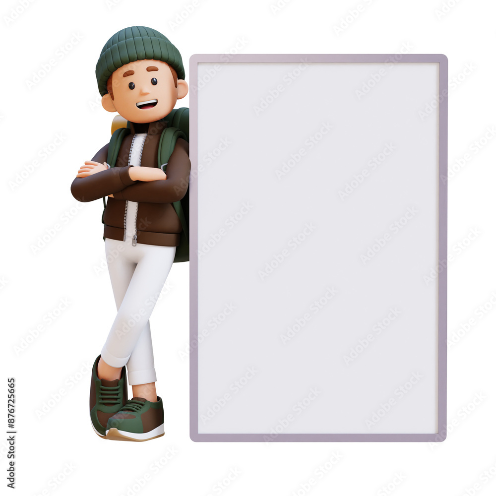 3D Traveller Character Lying on Blank Placard in Crossed Arm Pose 3D Traveller Character Lying on Blank Placard in Crossed Arm Pose