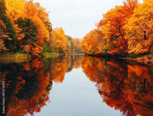 Tranquil autumn scene with vibrant fall foliage reflected in a still lake. photo