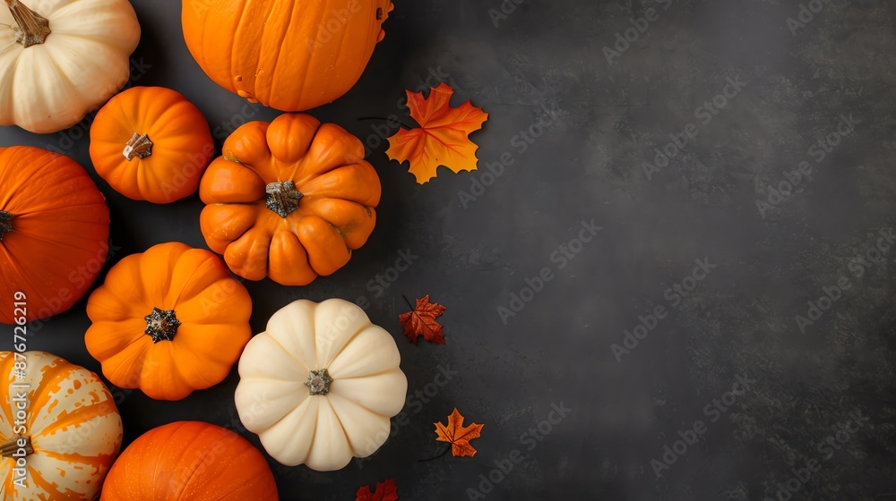 Fall pumpkins with copy space on black background. Fall pumpkins with copy space on black background.