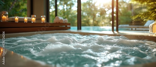 luxury well-being close up jacuzzi bath tub with fragrance candle with pool villar view  photo