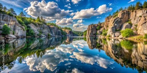 Spectacular Reflection of Rocky Cliffs and Lush Greenery in Calm River Under Vibrant Sky