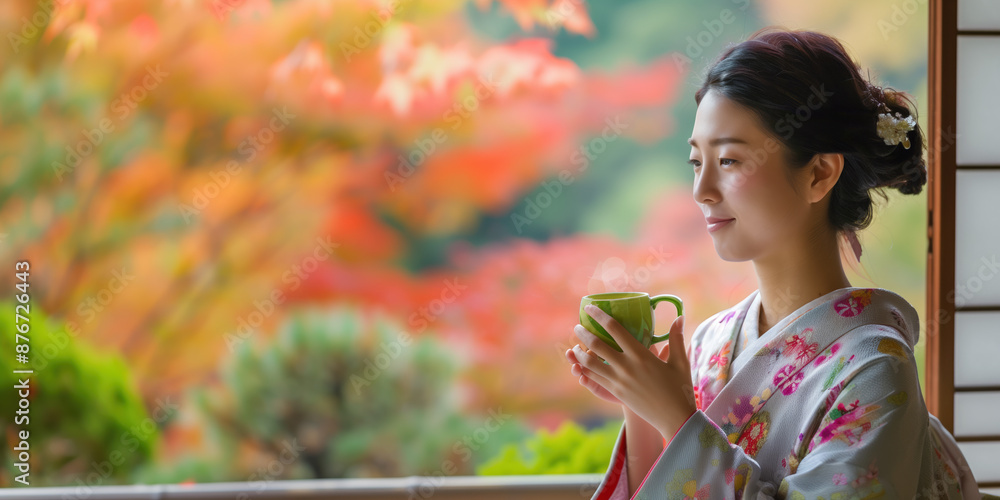 Woman in Traditional Kimono Surrounded by Japan's Autumn Beauty Woman in Traditional Kimono Surrounded by Japan's Autumn Beauty
