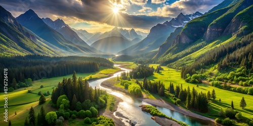  Stunning River Valley with Lush Green Hills and Sunlit Mountains Under Clear Sky