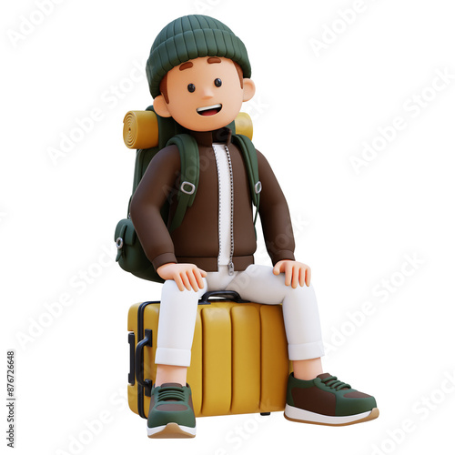 3D Traveller Character Sitting on a Suitcase