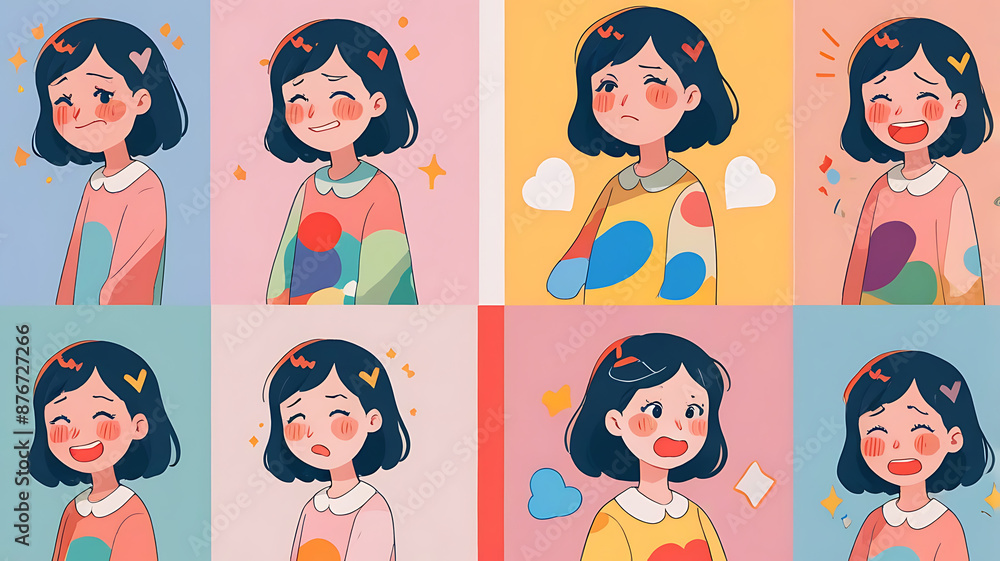 A series of images representing different emotional states (such as joy, sadness, calmness) using abstract shapes and colors to express each feeling.
A series of images representing different emotional states (such as joy, sadness, calmness) using abstract shapes and colors to express each feeling.