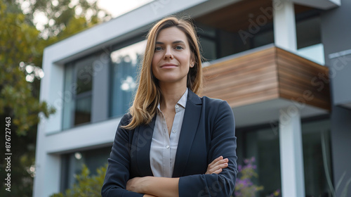 Free Download Businesswoman house yard standing - GFXLoad