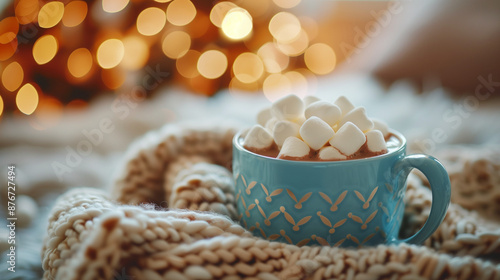 Wallpaper Mural A cozy scene with hot chocolate topped with marshmallows in a blue mug, surrounded by a knitted blanket and warm lights. Torontodigital.ca