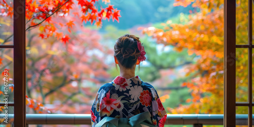 Graceful Bowing of Kimono-Clad Woman Amidst Red Maple Leaves for Japanese Autumn Travel Advertisement