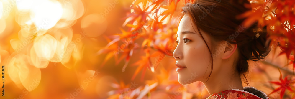 Fototapeta premium Portrait of Woman in Kimono with Red Maple - Japanese Travel Concept