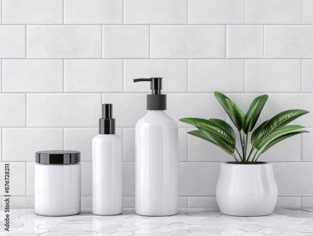 White bathroom bottles with black pumps and lids on marble counter in front of white subway tile. White bathroom bottles with black pumps and lids on marble counter in front of white subway tile.