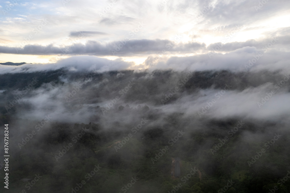 Obraz premium Landscape of Morning Mist with Mountain Layer at north of Thailand. mountain ridge and clouds in rural jungle bush fores