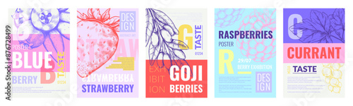 Berry posters. Abstract fruit juice label or tattoo. Summer hipster invitation template to modern exhibition. Currant taste. Fresh goji and blueberry. Strawberry sketch. Vector banners set