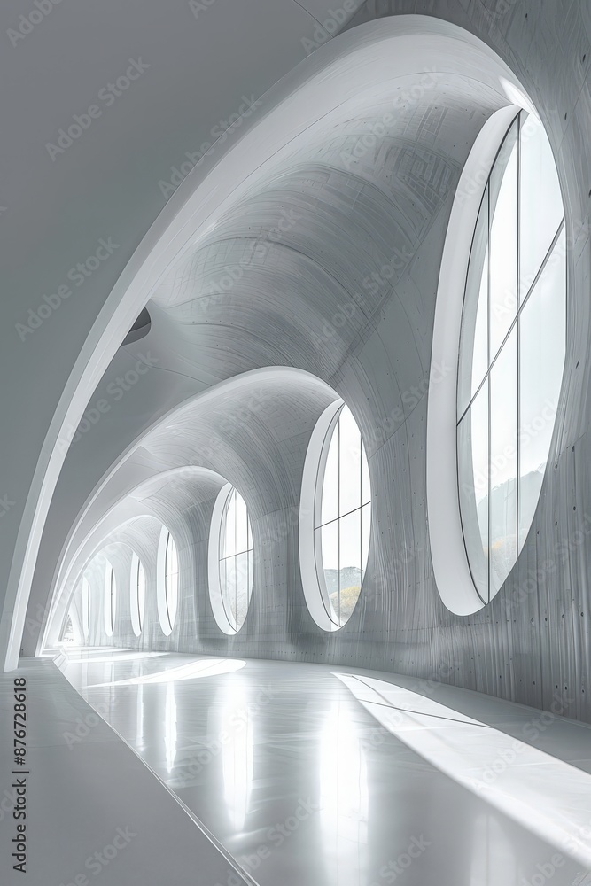Obraz premium Sleek and futuristic interior design featuring large curved windows and abundant natural light, creating a bright and airy atmosphere.
