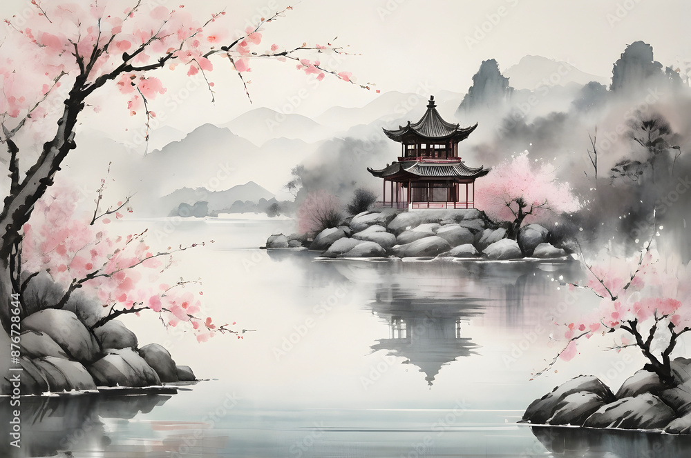 Serene Cherry Blossoms Reflect on Tranquil Lake. Serene Cherry Blossoms Reflect on Tranquil Lake.