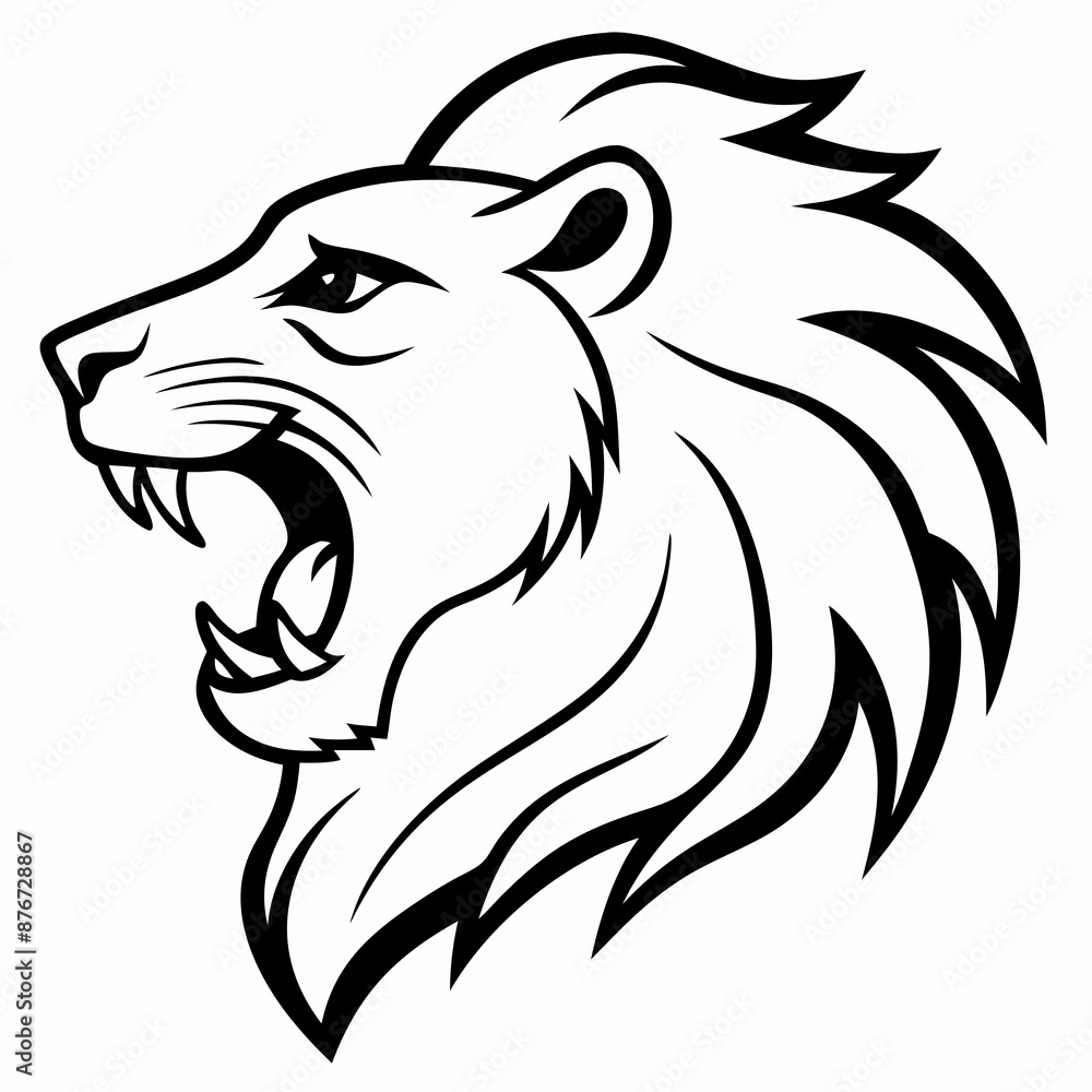 Fototapeta premium a side view angle of roaring lion head mascot or logo in white background, simple line vector illustration, coloring page for children