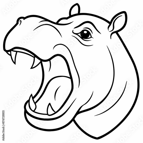 a side view angle of hippo head mascot or logo in white background, simple line vector illustration, coloring page for children photo