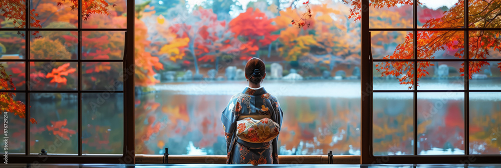 Beautiful Autumn Landscape with Woman in Kimono and Red Leaves Highlighting Seasonal Beauty Beautiful Autumn Landscape with Woman in Kimono and Red Leaves Highlighting Seasonal Beauty