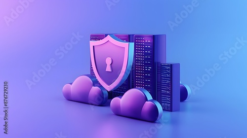 3D illustration showing cyber security concept with a shield, server, and cloud elements in a purple gradient background.