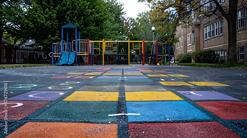 A school playground with colorful hopscotch squares