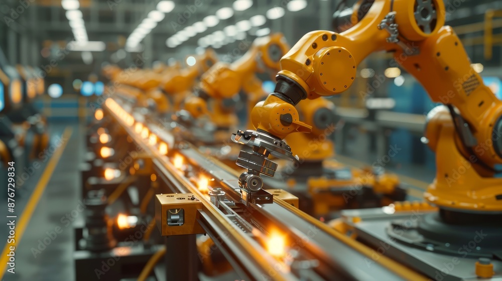 Shiny automated production line, robots fabricating luxurious items with precision, sophisticated industrial setting, gleaming surfaces Shiny automated production line, robots fabricating luxurious items with precision, sophisticated industrial setting, gleaming surfaces